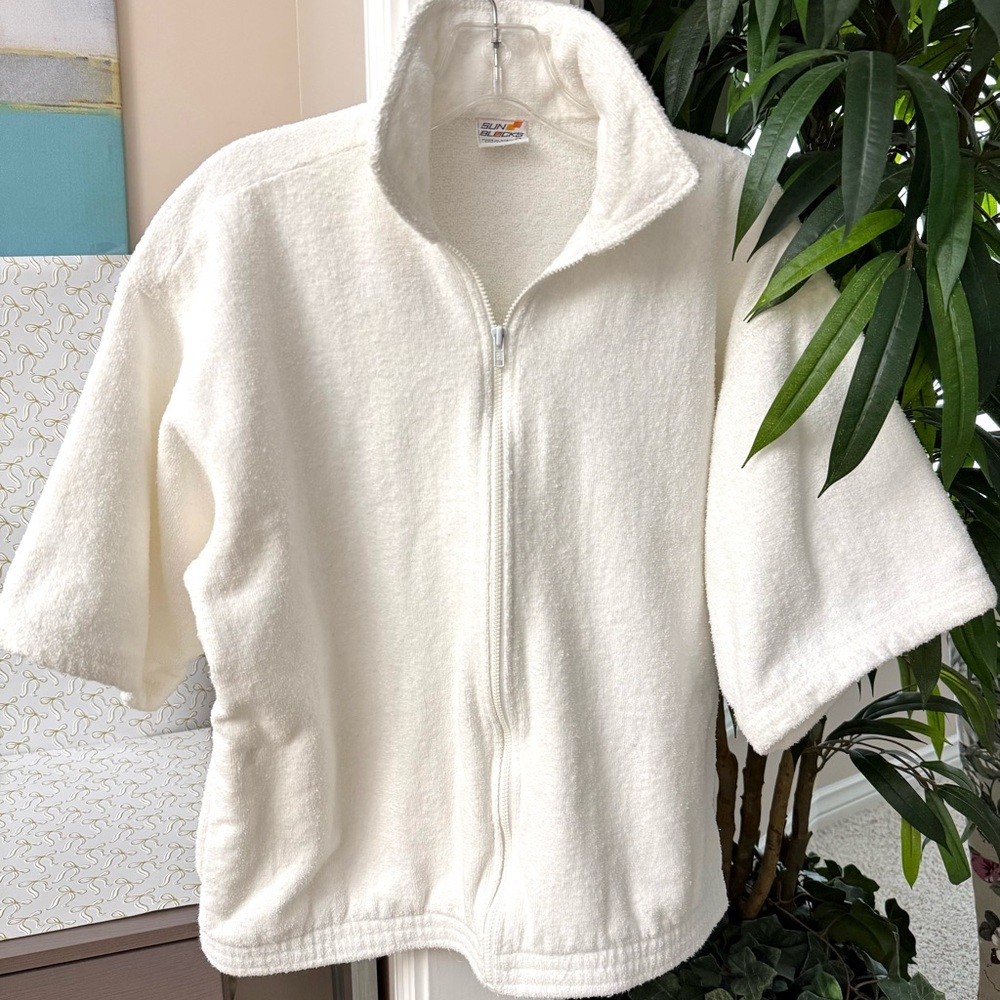 Vintage Terry Cloth Lounge Jacket White Full Zip made Oceanside California Med.